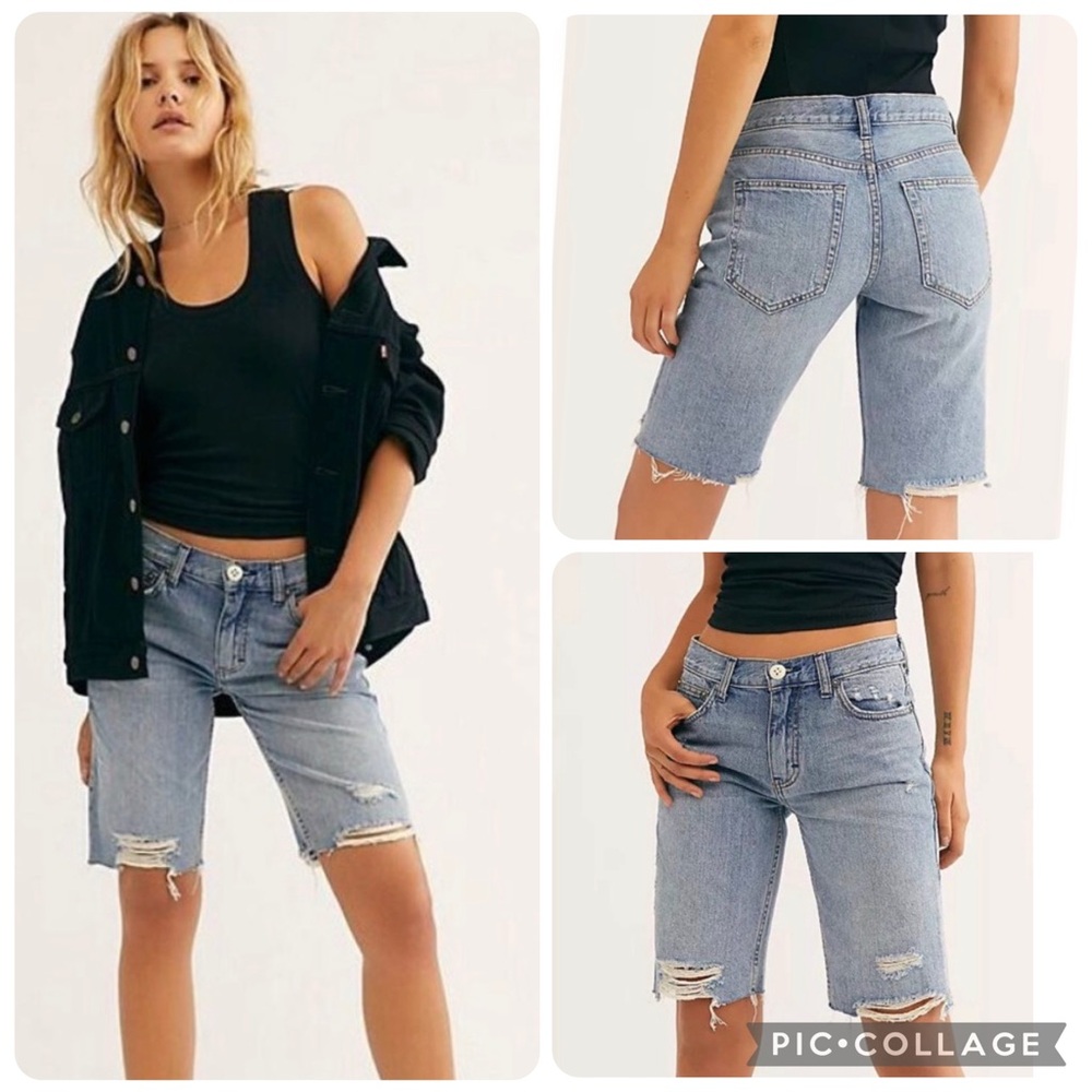 We The Free People Caroline Cutoff Bermuda Denim Shorts Distressed Raw Hem 25